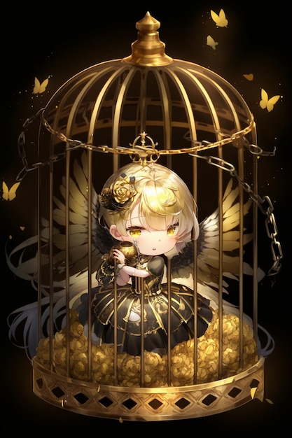 Little girl sitting inside of a bird cage generative ai