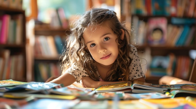 小さな女の子が本に囲まれた図書館に座り彼女は顔に甘い笑顔を浮かべてカメラを見ています