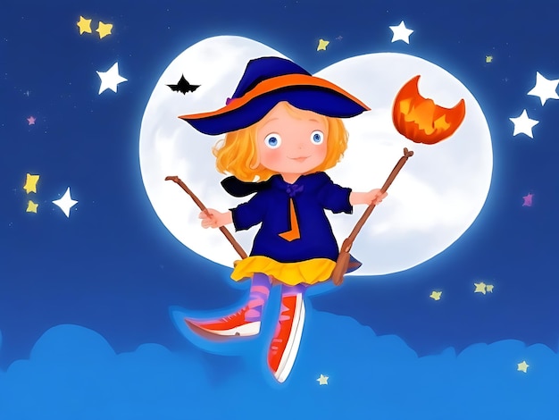 Little girl sitting on the magic stick and flying in sky Halloween background