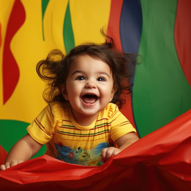 Little girl sitting on red sheet