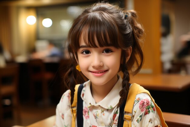 a little girl sitting at a table in a restaurant