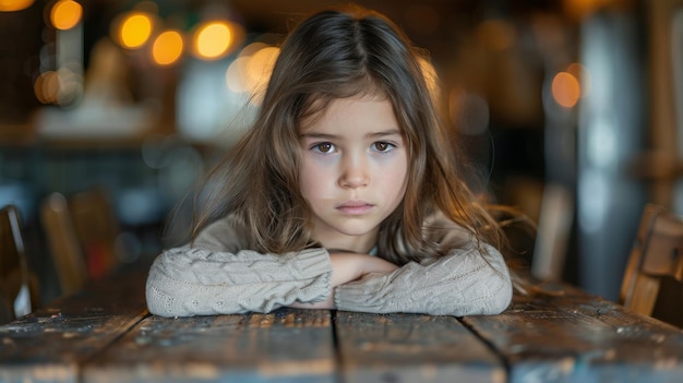Маленькая девочка сидит за столом с руками на лице