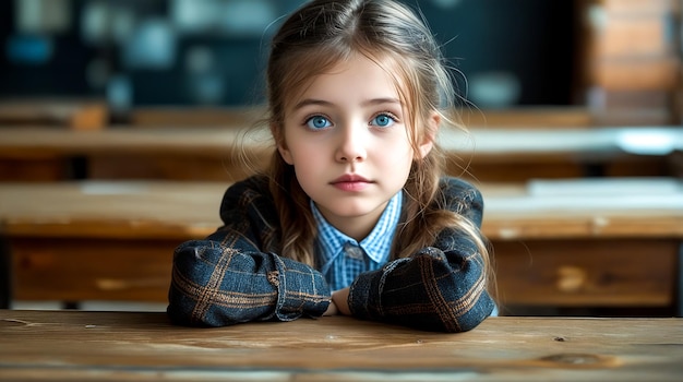 Little girl sitting at table with her hands on her knees looking at the camera