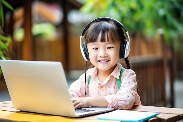 a little girl sitting at a table with a laptop and headphones