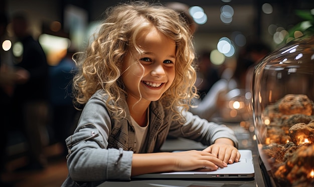 Little Girl Sitting at Table With Laptop