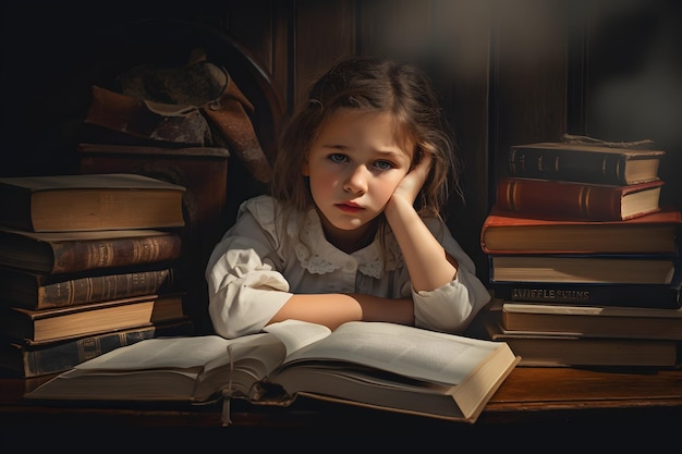 A little girl sitting at a table with an open book