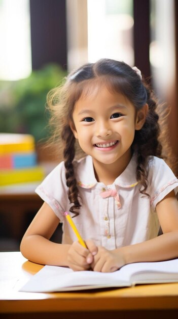 a little girl sitting at a table with a pencil in her hand