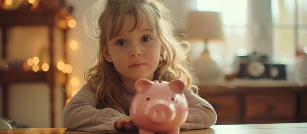 Little Girl Sitting at Table With Piggy Bank