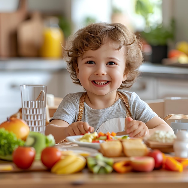 A little girl sitting at a table with a plate of food in front of her and smiling at the camera