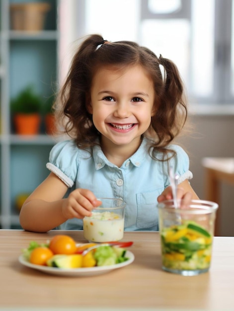 食べ物の皿を持ってテーブルに座っている小さな女の子