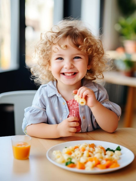 a little girl sitting at a table with a plate of food