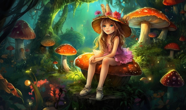 A little girl sitting on top of a mushroom covered forest