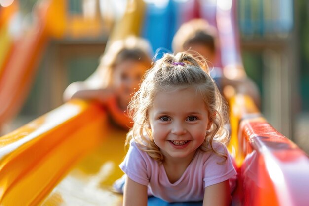 Little Girl Sitting on Top of a Slide