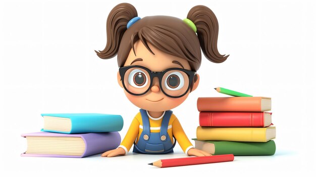 Little girl sitting with stack of books and holding a pencil 3d illustration