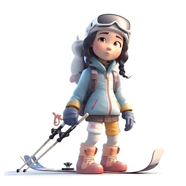 Little girl skier on a white background 3D illustration