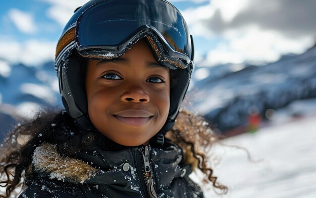 雪の山でスキーゴーグルとスキーヘルメットをかぶった小さな女の子スキーヤー