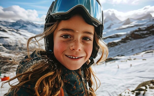 雪の山でスキーゴーグルとスキーヘルメットをかぶった小さな女の子スキーヤー