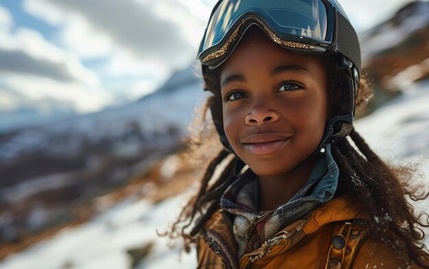 雪の山でスキーゴーグルとスキーヘルメットをかぶった小さな女の子スキーヤー