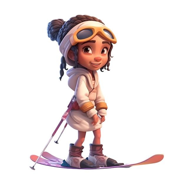 白い背景の 3 d レンダリングに分離された小さな女の子のスキー
