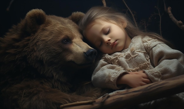 a little girl sleeping next to a bear and a bear