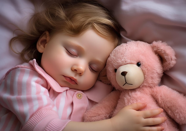 little girl sleeping in bed hugging a teddy bear