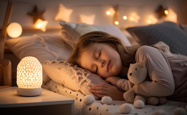 A little girl sleeping in her bed with a teddy bear next to her lamp and a night light on the nights