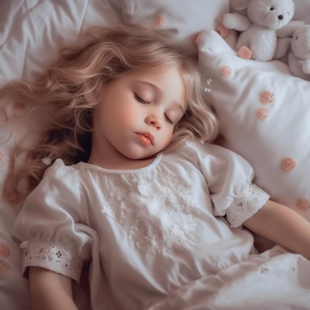 A little girl sleeps on a bed with a white pillow and a white teddy bear on it.