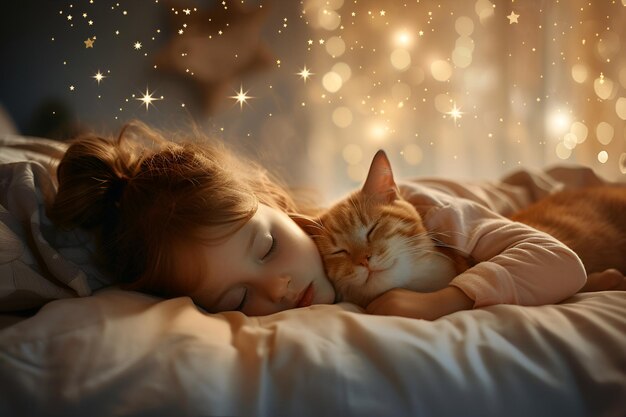 A little girl sleeps peacefully in bed cuddled up with a cat a heartwarming scene of comfort