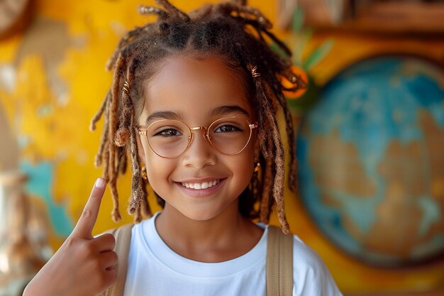 Little girl smile looking at camera dreadlocks glasses backpack pupil points with her finger yellow