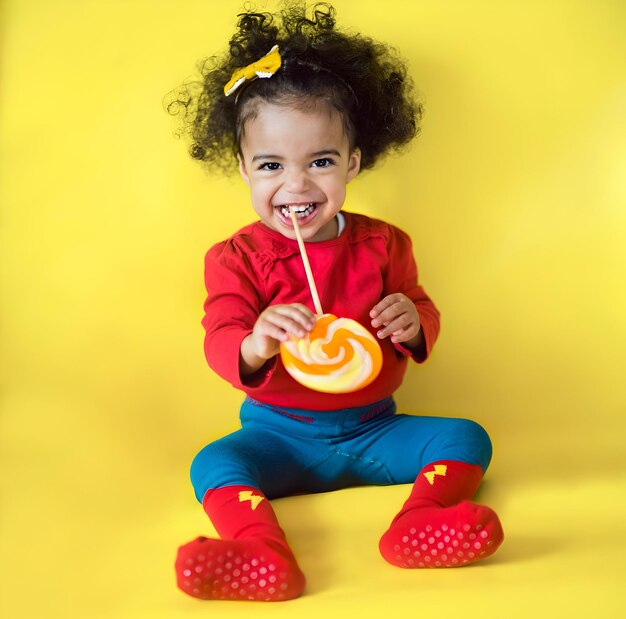 노란 배경의 롤리팝을 먹고 웃고 있는 어린 소녀