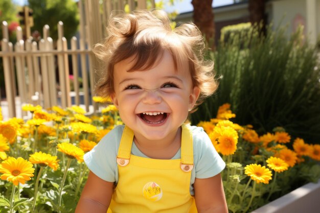 Photo a little girl smiling in front of a flower bed