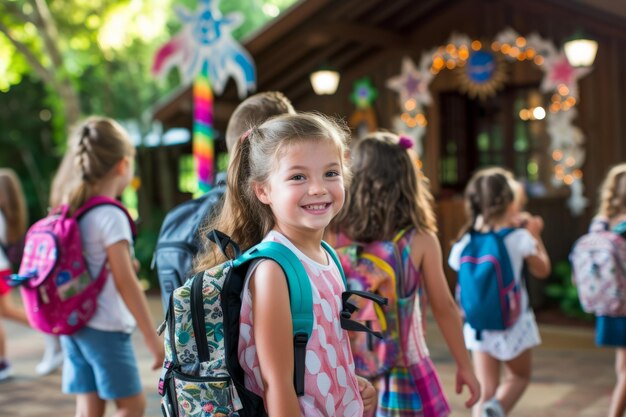 Little girl smiling in front of a group of children