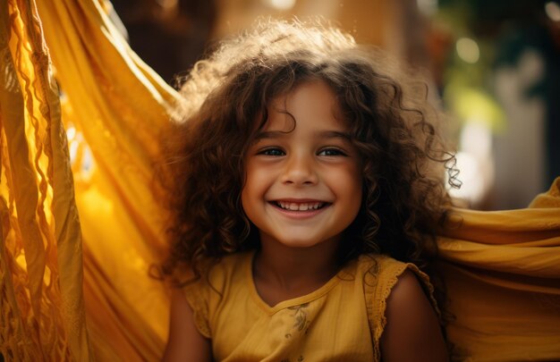 A little girl smiling in a hammock with yellow tones