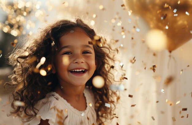 little girl smiling and laughing while a silver balloon explodes