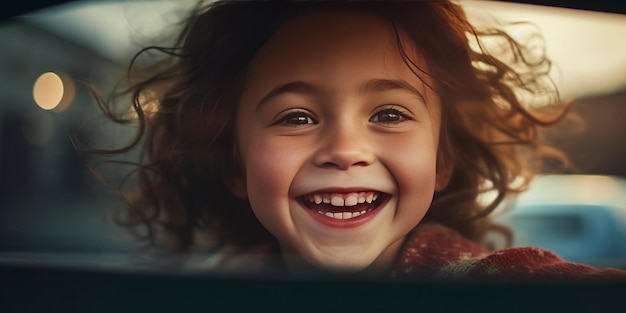 a little girl smiling mischievously out of a car window