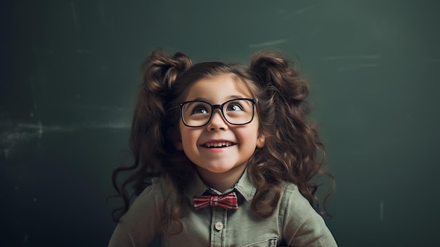 제너레이티브 AI 기술로 생성된 학교 칠판에 서서 웃고 있는 어린 소녀