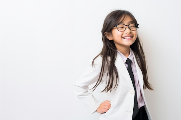 A little girl smiling in white suit dress