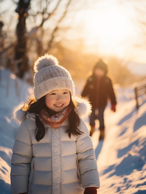 晴れた冬の日に雪の中の小さな女の子