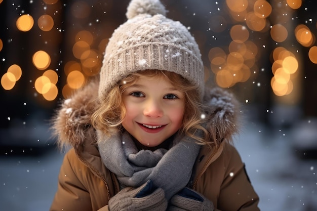 Little girl in a snowy Christmas park with their daughter posing for the camera