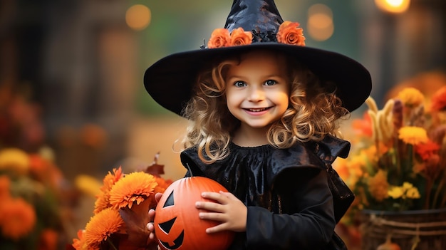 Little girl so happy and full of smile with costume having fun outdoors on Halloween trick or treat