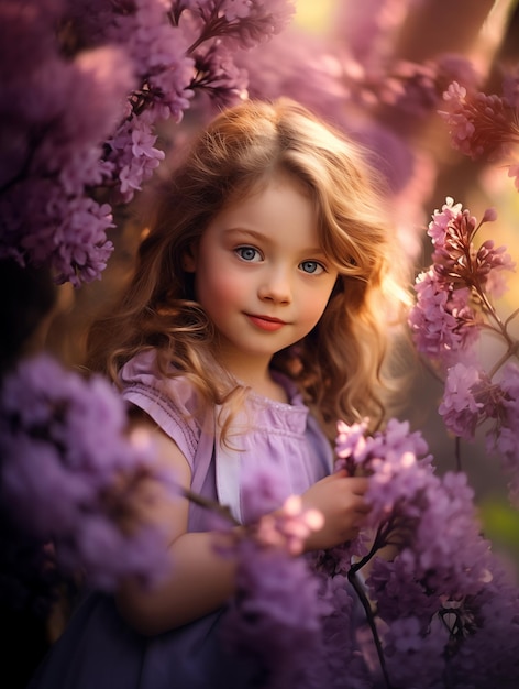 Little girl in spring blossom wonderland