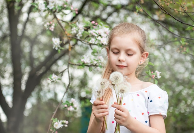 Little girl in a spring garden with white dandelions in her hands