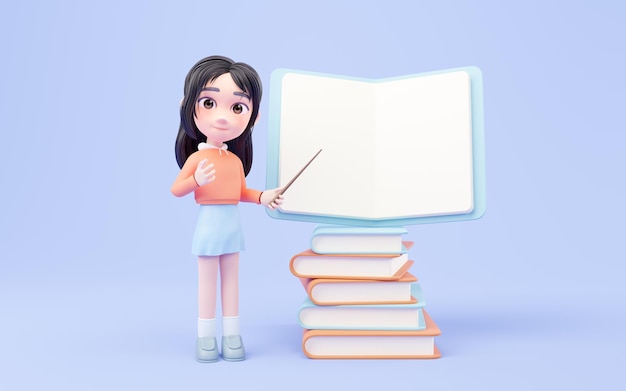 小さな女の子と本の 3 d レンダリングのスタック