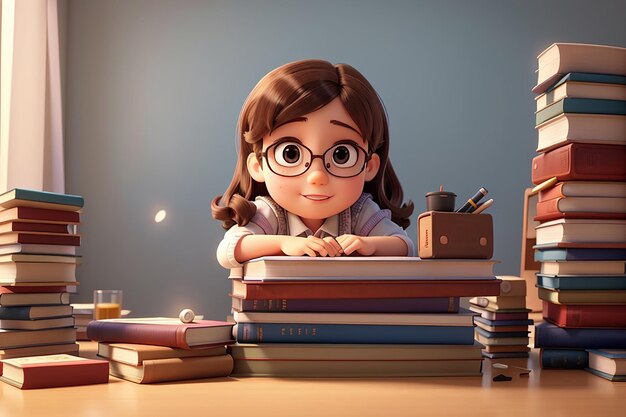 Little girl and stack of books 3d rendering