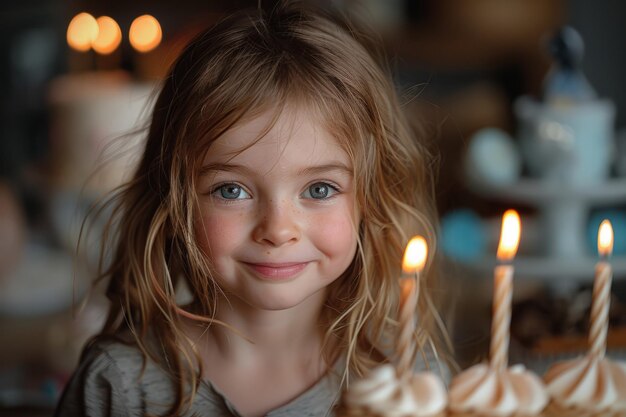 写真 ライトケーキのそばに立っている小さな女の子