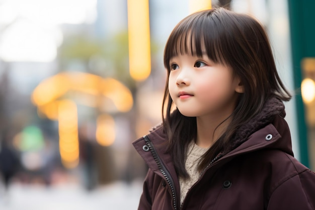 a little girl standing on a city street