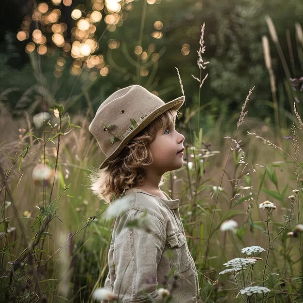 Маленькая девочка, стоящая в поле с высокой травой.