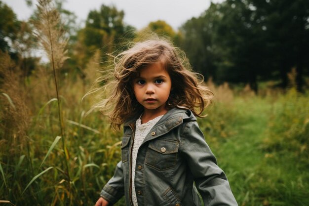 Photo a little girl standing in a field of tall grass