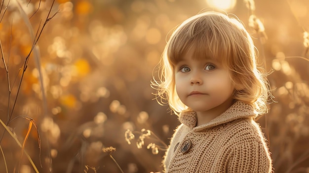 Little girl standing in a field of wheat She is wearing a brown sweater and has her hair in a ponytail