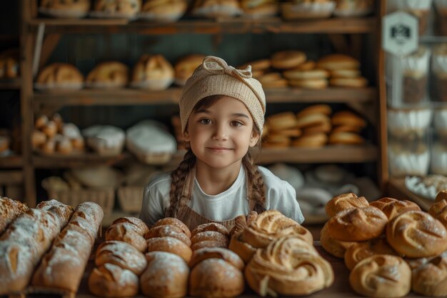 Little Girl Standing in Front of Bread